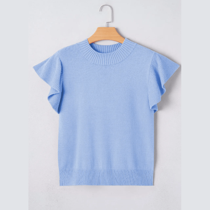 Carrison Blue Ribbed Trim Round Neck Ruffle Short Sleeve Sweater