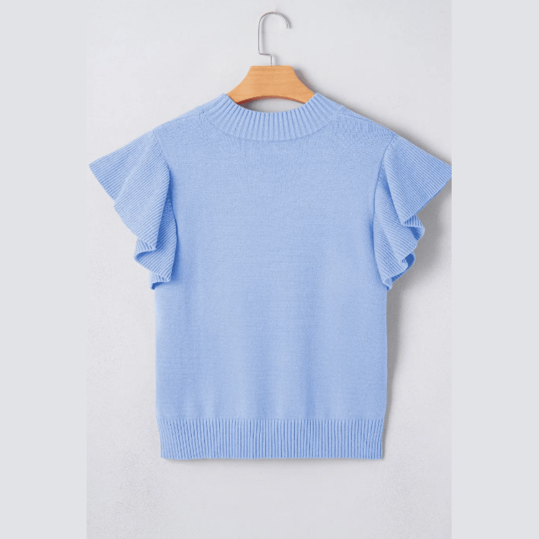 Carrison Blue Ribbed Trim Round Neck Ruffle Short Sleeve Sweater