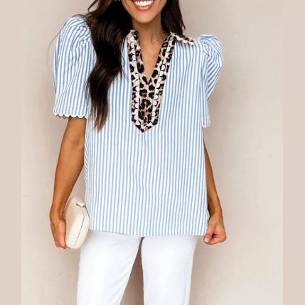 Chrishell Sky Blue Stripe Ricrac Trim Short Puff Sleeve Leopard Patchwork Collar V Neck Blouse