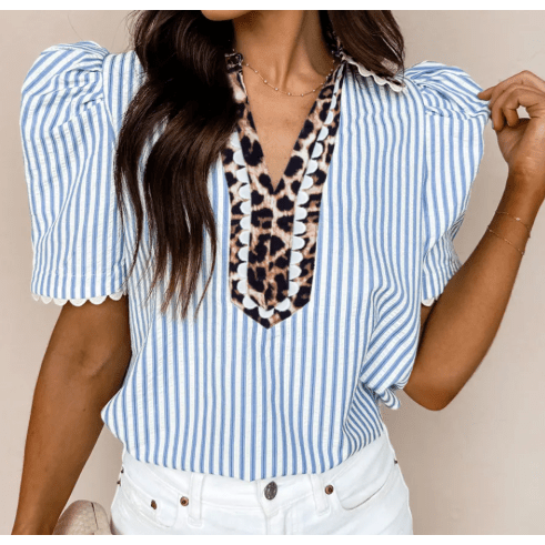 Chrishell Sky Blue Stripe Ricrac Trim Short Puff Sleeve Leopard Patchwork Collar V Neck Blouse