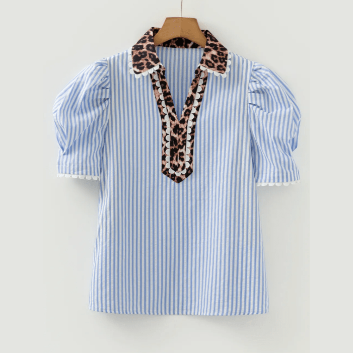 Chrishell Sky Blue Stripe Ricrac Trim Short Puff Sleeve Leopard Patchwork Collar V Neck Blouse