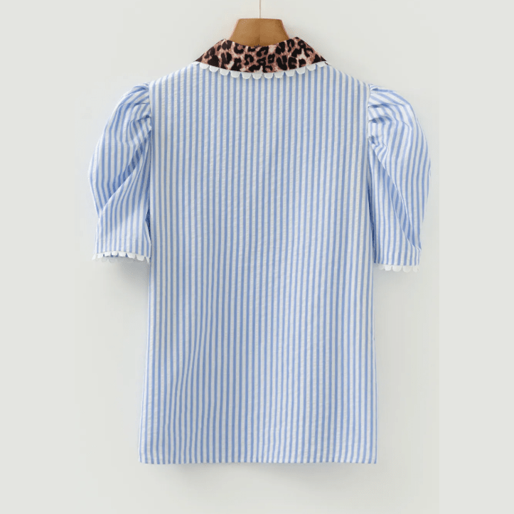 Chrishell Sky Blue Stripe Ricrac Trim Short Puff Sleeve Leopard Patchwork Collar V Neck Blouse