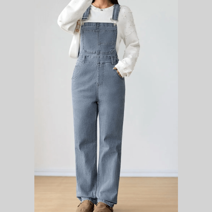 Coralynn Light Blue Retro Bib Pocket Buckle Straps Casual Denim Jumpsuit