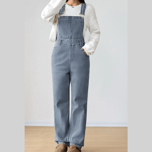 Coralynn Light Blue Retro Bib Pocket Buckle Straps Casual Denim Jumpsuit