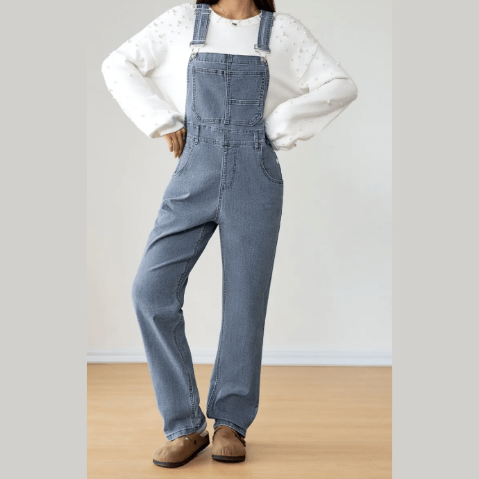 Coralynn Light Blue Retro Bib Pocket Buckle Straps Casual Denim Jumpsuit