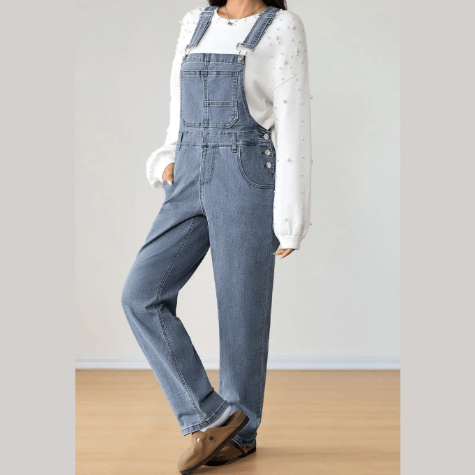 Coralynn Light Blue Retro Bib Pocket Buckle Straps Casual Denim Jumpsuit