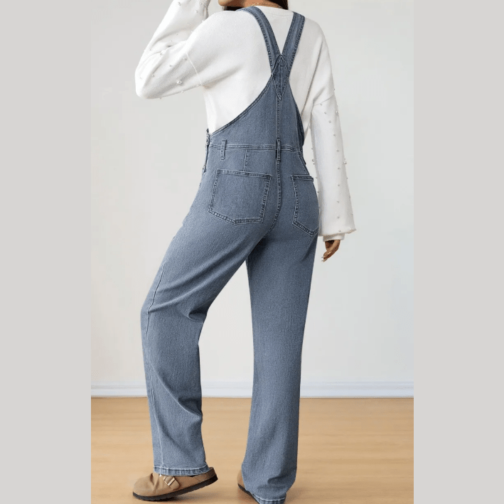 Coralynn Light Blue Retro Bib Pocket Buckle Straps Casual Denim Jumpsuit