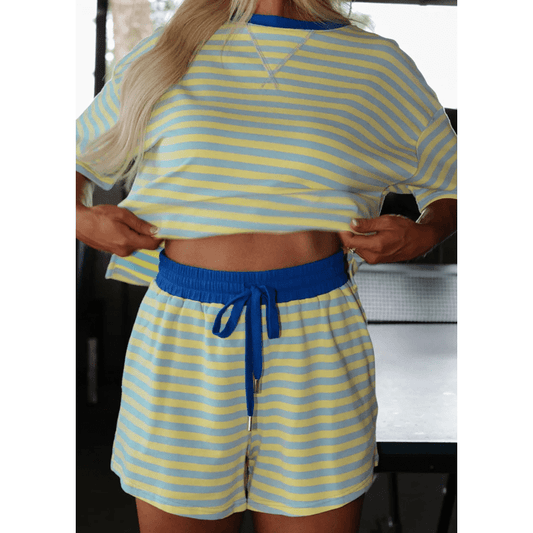 Hollyn Yellow Stripe Drop Shoulder Boxy Casual Terry Short Set
