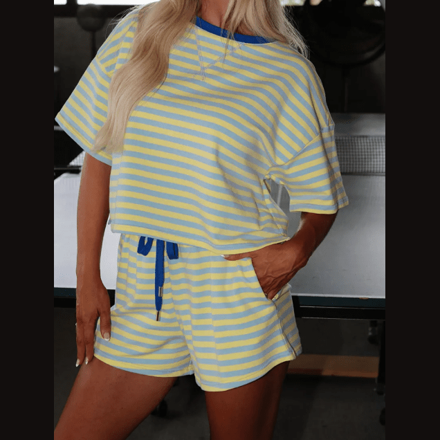 Hollyn Yellow Stripe Drop Shoulder Boxy Casual Terry Short Set