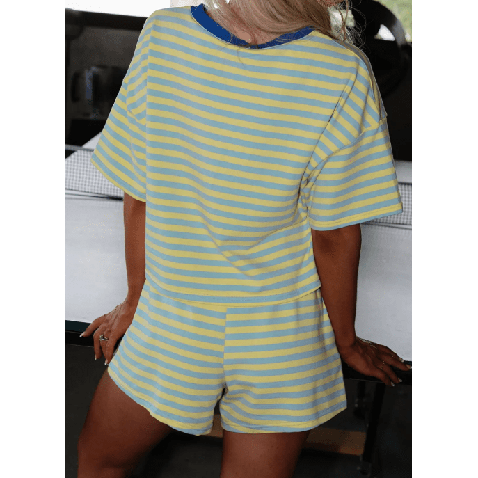 Hollyn Yellow Stripe Drop Shoulder Boxy Casual Terry Short Set