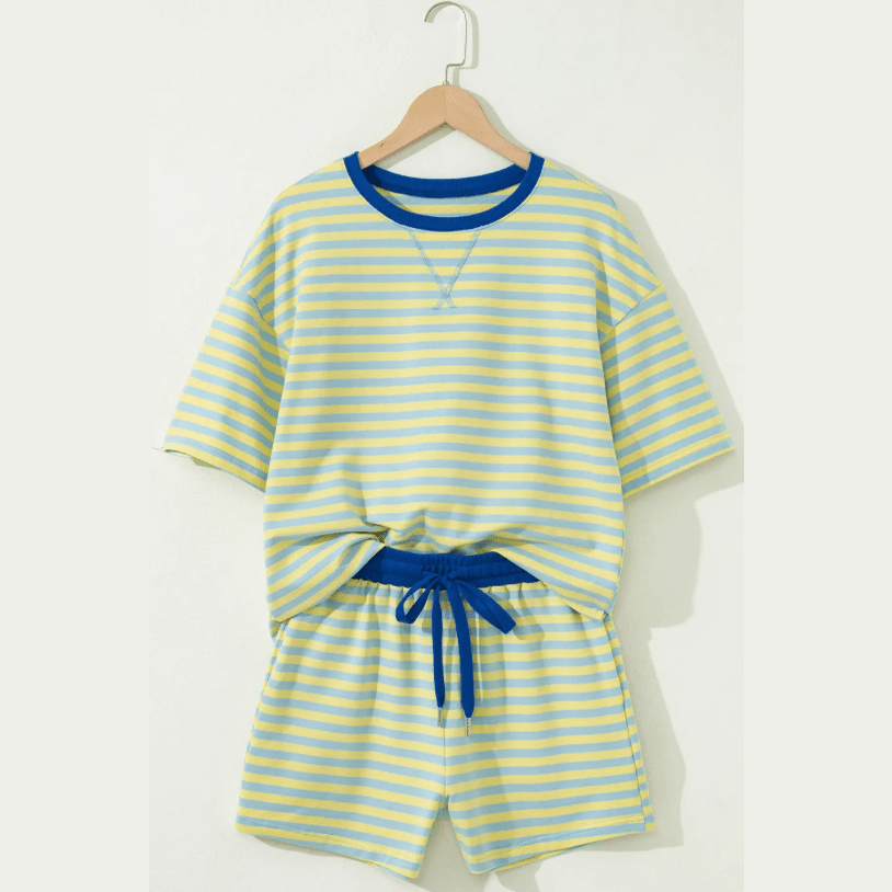 Hollyn Yellow Stripe Drop Shoulder Boxy Casual Terry Short Set
