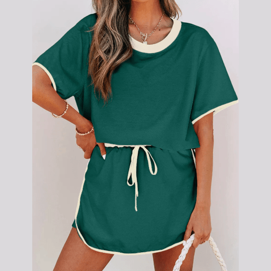 Jolena Evergreen Colorblock Edge Drop Shoulder T Shirt and Skort 2Pcs Set