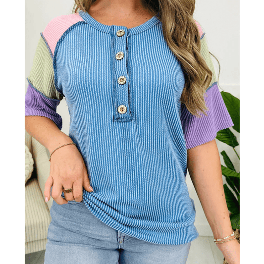 RTS Devlyn Blue Twisted Ribbed Color Block Patchwork Henley Short Sleeve T Shirt