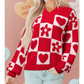 RTS Fiery Red V Neck Flower Heart Detail Checkered Knit Loose Sweater