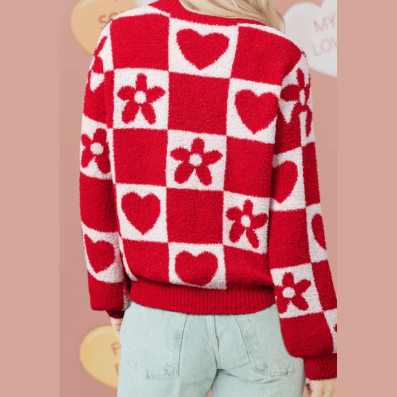 RTS Fiery Red V Neck Flower Heart Detail Checkered Knit Loose Sweater