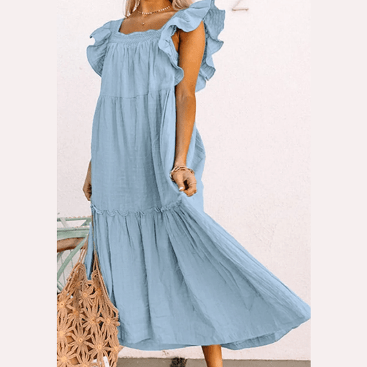 Sarah Sky Blue Ruffled Flutter Sleeve Square Neck Textured Tiered Maxi Dress
