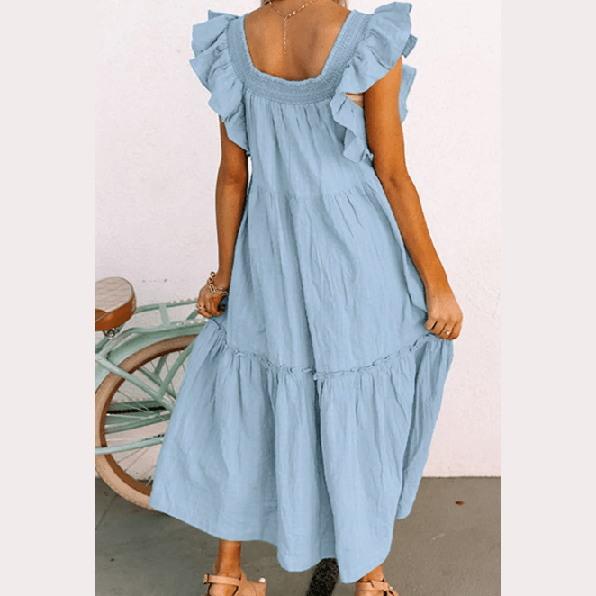 Sarah Sky Blue Ruffled Flutter Sleeve Square Neck Textured Tiered Maxi Dress