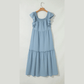 Sarah Sky Blue Ruffled Flutter Sleeve Square Neck Textured Tiered Maxi Dress