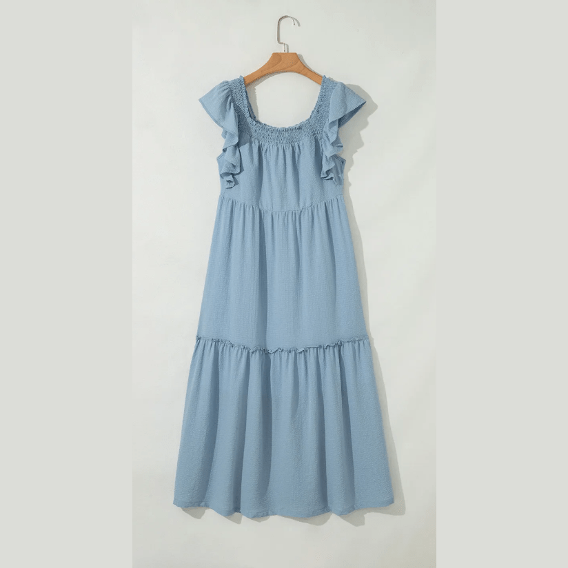 Sarah Sky Blue Ruffled Flutter Sleeve Square Neck Textured Tiered Maxi Dress