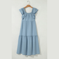 Sarah Sky Blue Ruffled Flutter Sleeve Square Neck Textured Tiered Maxi Dress
