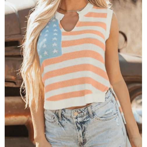 Beige Stripe USA Flag Notched Neckline Loose Sweater Tank