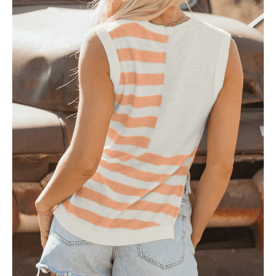 Beige Stripe USA Flag Notched Neckline Loose Sweater Tank