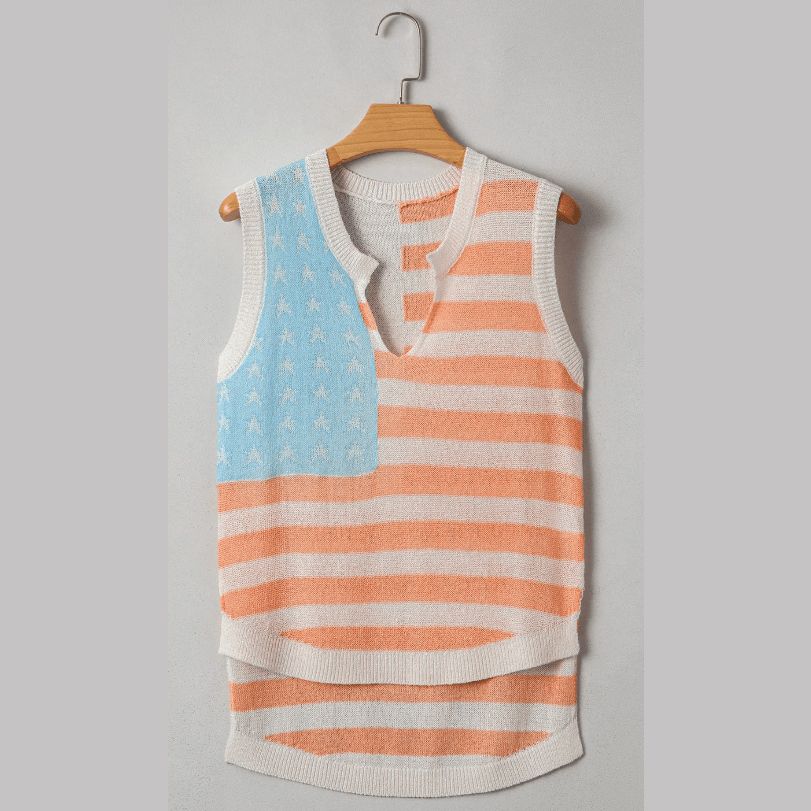 Beige Stripe USA Flag Notched Neckline Loose Sweater Tank