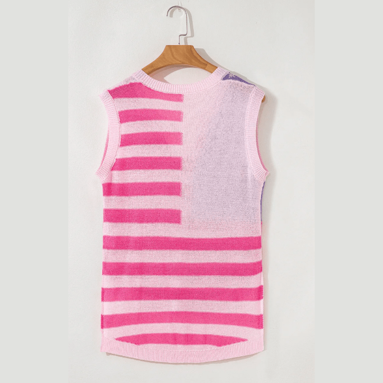 Pink Stripe USA Flag Notched Neckline Loose Sweater Tank