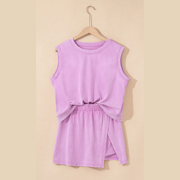 Karoline Purple 2 Pieces Mineral Wash Cotton Tank Top Lined Split Skirt Set