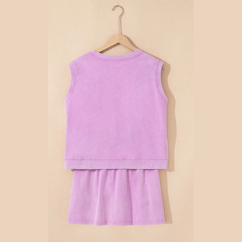 Karoline Purple 2 Pieces Mineral Wash Cotton Tank Top Lined Split Skirt Set