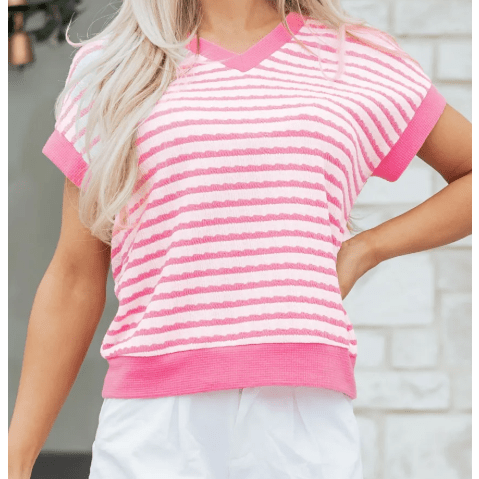 Lynneth Pink Stripe Textured Knit Contrast Trim V Neck Short Sleeve Top