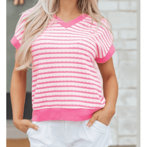 Lynneth Pink Stripe Textured Knit Contrast Trim V Neck Short Sleeve Top