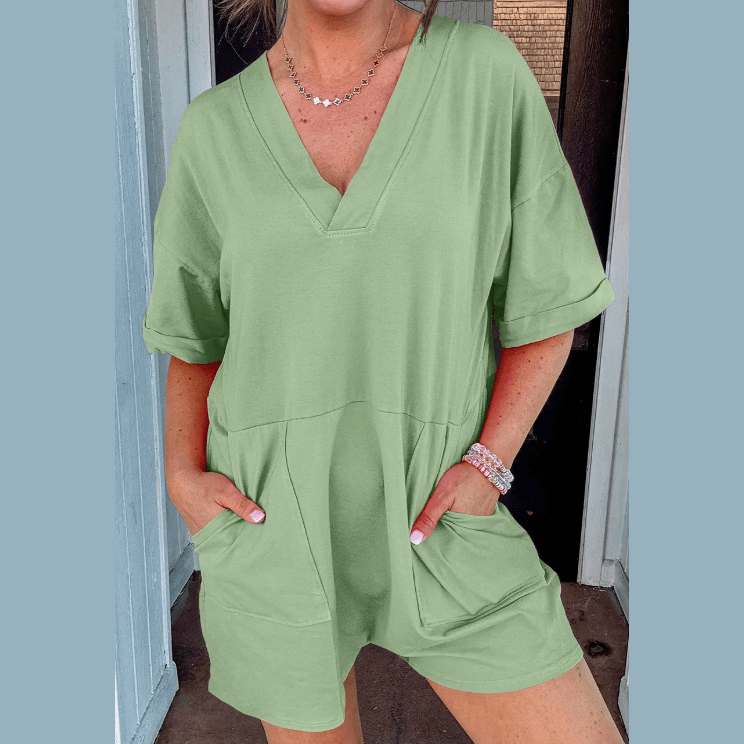 Jaci Grass Green Loose Half Sleeve V Neck Knit Romper