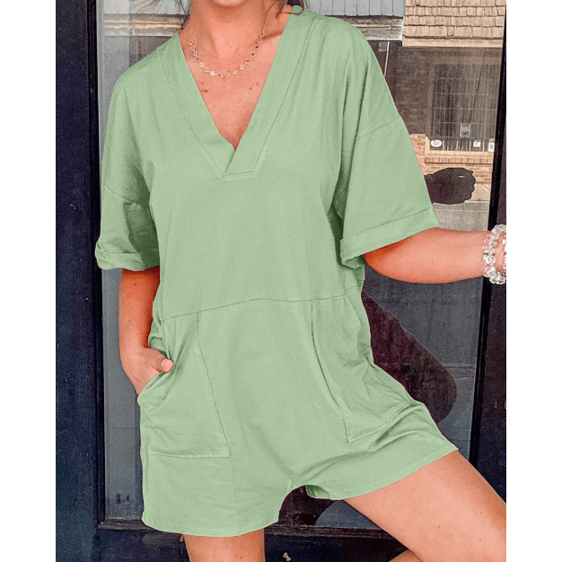 Jaci Grass Green Loose Half Sleeve V Neck Knit Romper