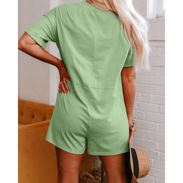 Jaci Grass Green Loose Half Sleeve V Neck Knit Romper