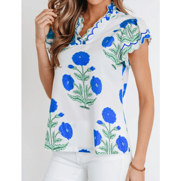 Colley Blue Wild Flower Print Contrast Trim Scallop Detail Short Sleeve Blouse