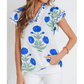 Colley Blue Wild Flower Print Contrast Trim Scallop Detail Short Sleeve Blouse