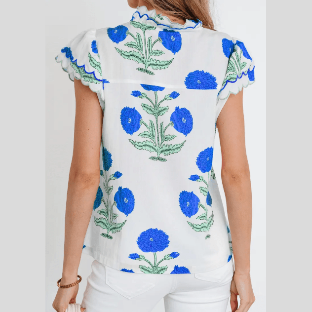 Colley Blue Wild Flower Print Contrast Trim Scallop Detail Short Sleeve Blouse