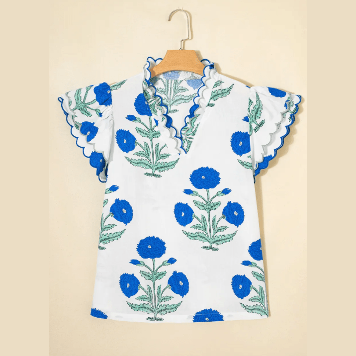 Colley Blue Wild Flower Print Contrast Trim Scallop Detail Short Sleeve Blouse