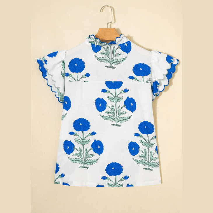 Colley Blue Wild Flower Print Contrast Trim Scallop Detail Short Sleeve Blouse