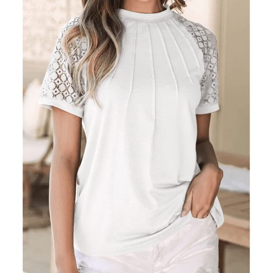 Parkin White Seamed Detail Contrast Lace Raglan Sleeve Tee
