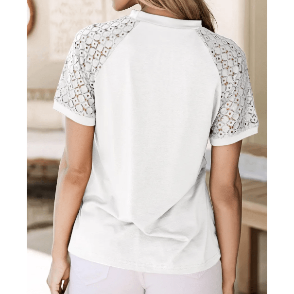 Parkin White Seamed Detail Contrast Lace Raglan Sleeve Tee