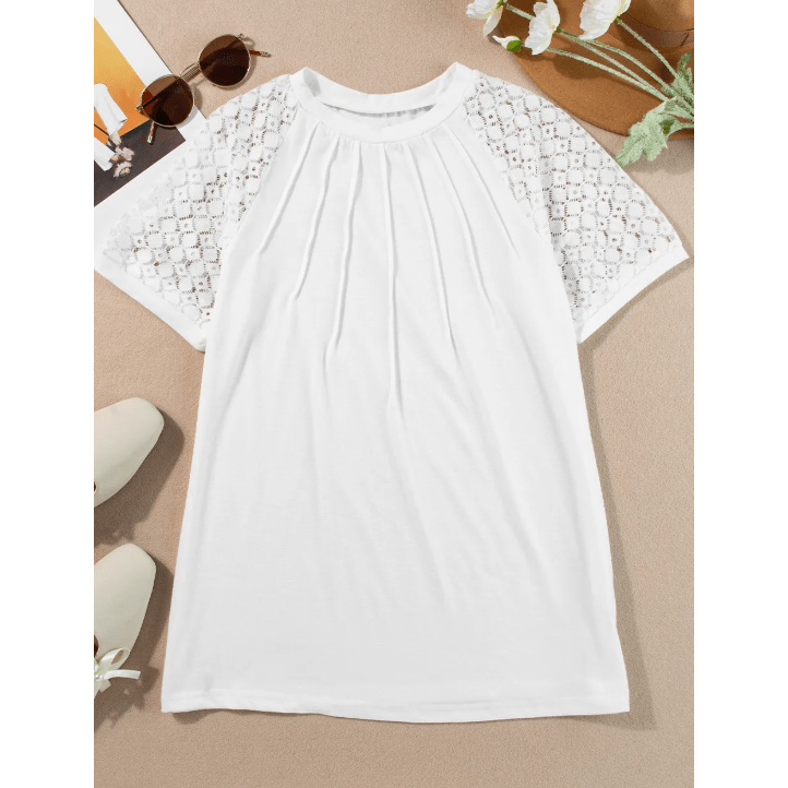 Parkin White Seamed Detail Contrast Lace Raglan Sleeve Tee