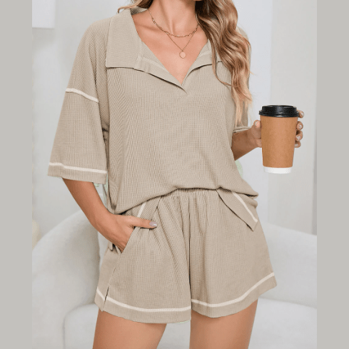 Baylor Beige Breathable Waffle Color Block Trim 2pcs Casual Short Set