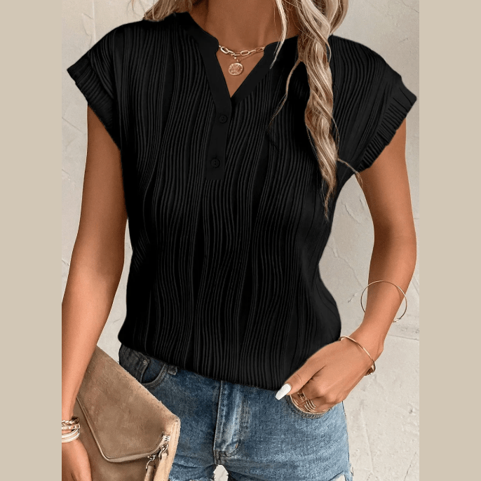 Monette Black Wavy Textured Button V Neck Tee