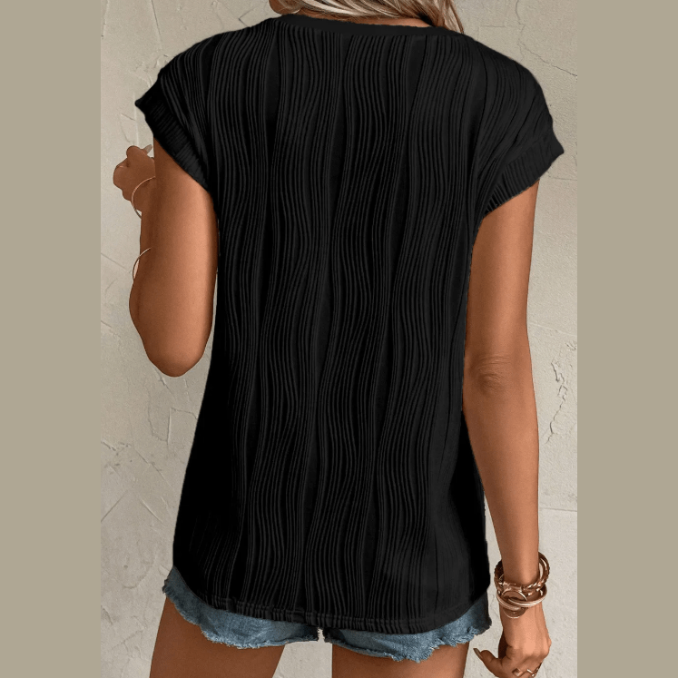 Monette Black Wavy Textured Button V Neck Tee
