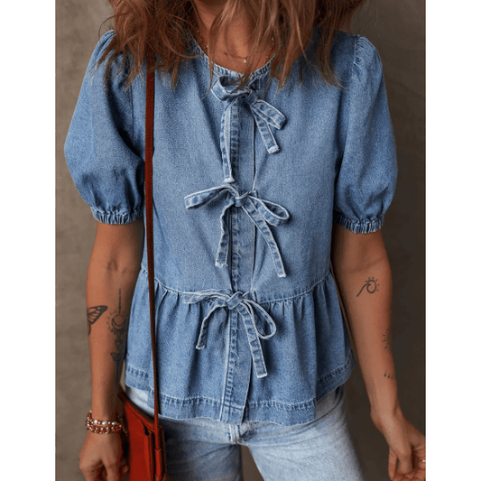 Hattie Dusk Blue Tied Front Bubble Sleeve Peplum Denim Shirt