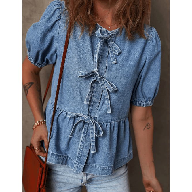 Hattie Dusk Blue Tied Front Bubble Sleeve Peplum Denim Shirt
