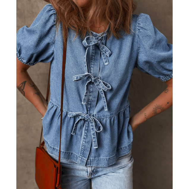 Hattie Dusk Blue Tied Front Bubble Sleeve Peplum Denim Shirt