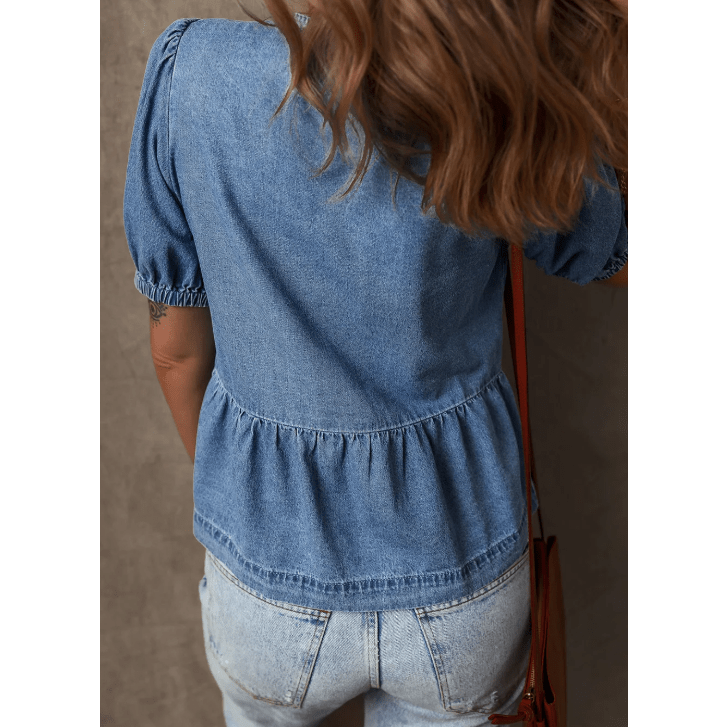 Hattie Dusk Blue Tied Front Bubble Sleeve Peplum Denim Shirt